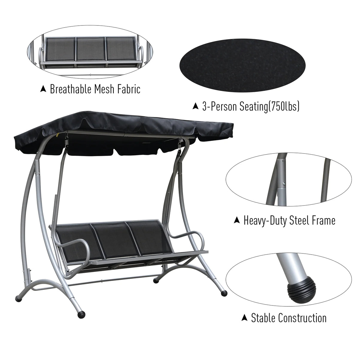 Balancelle de jardin Outsunny pour 3 personnes, balancelle de terrasse avec support et auvent réglable, banc-balancelle d'extérieur robuste pour adultes, noir