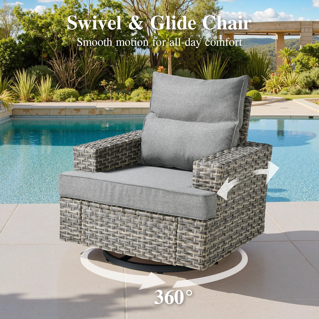 Ovios Salon de jardin modulable moderne en résine tressée toutes saisons à dossier haut, 10 pièces, avec table brasero au propane et fauteuil pivotant, gris foncé