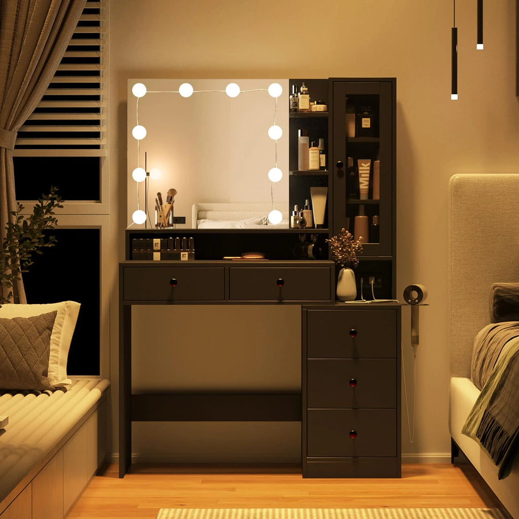 Coiffeuse VEANERWOOD avec miroir éclairé et bloc multiprise, table de maquillage moderne avec 5 tiroirs, blanc