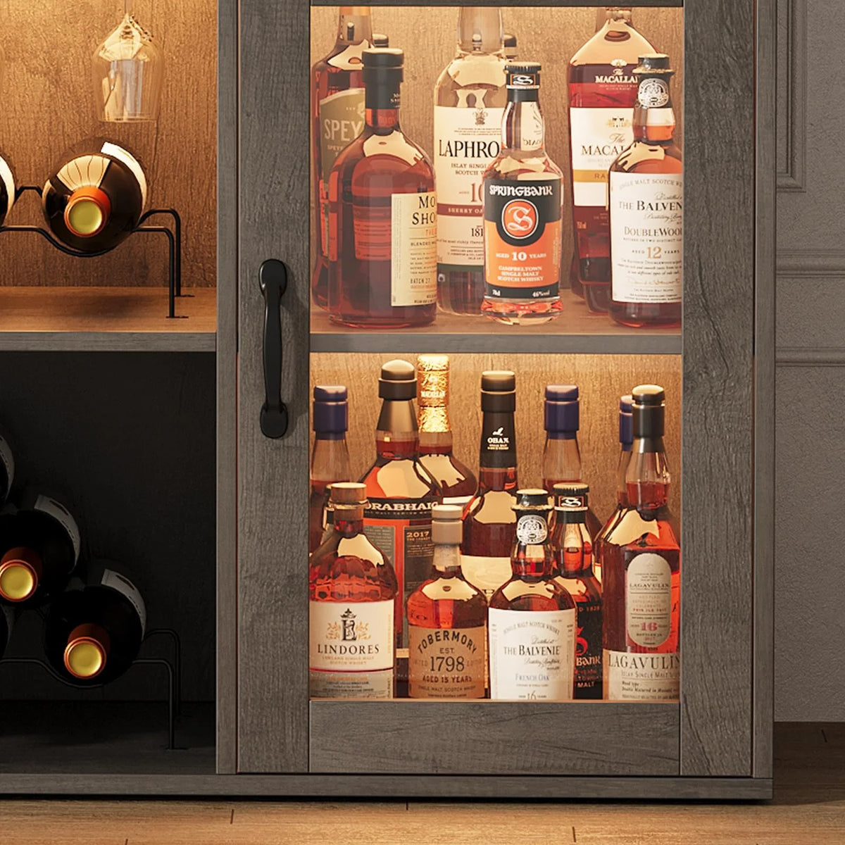 Meuble bar avec étagères de rangement, meuble bar à café avec éclairage LED, meuble à spiritueux avec casier à vin et porte-gobelets, buffet de cuisine pour la maison, la cuisine et la salle à manger