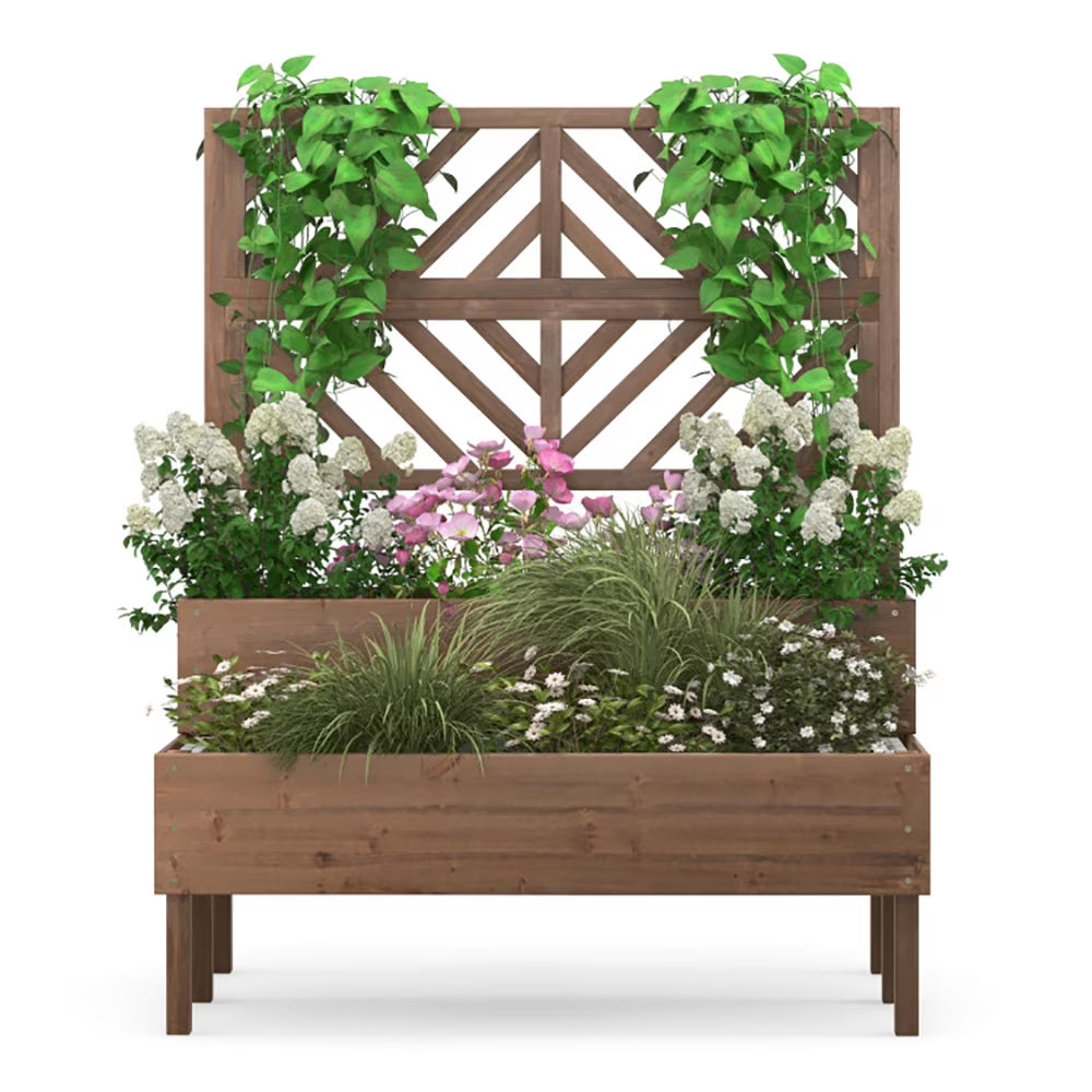 Carré potager surélevé d’extérieur GVN, lit de jardin pour cour, carré potager surélevé à 2 niveaux avec treillis – marron