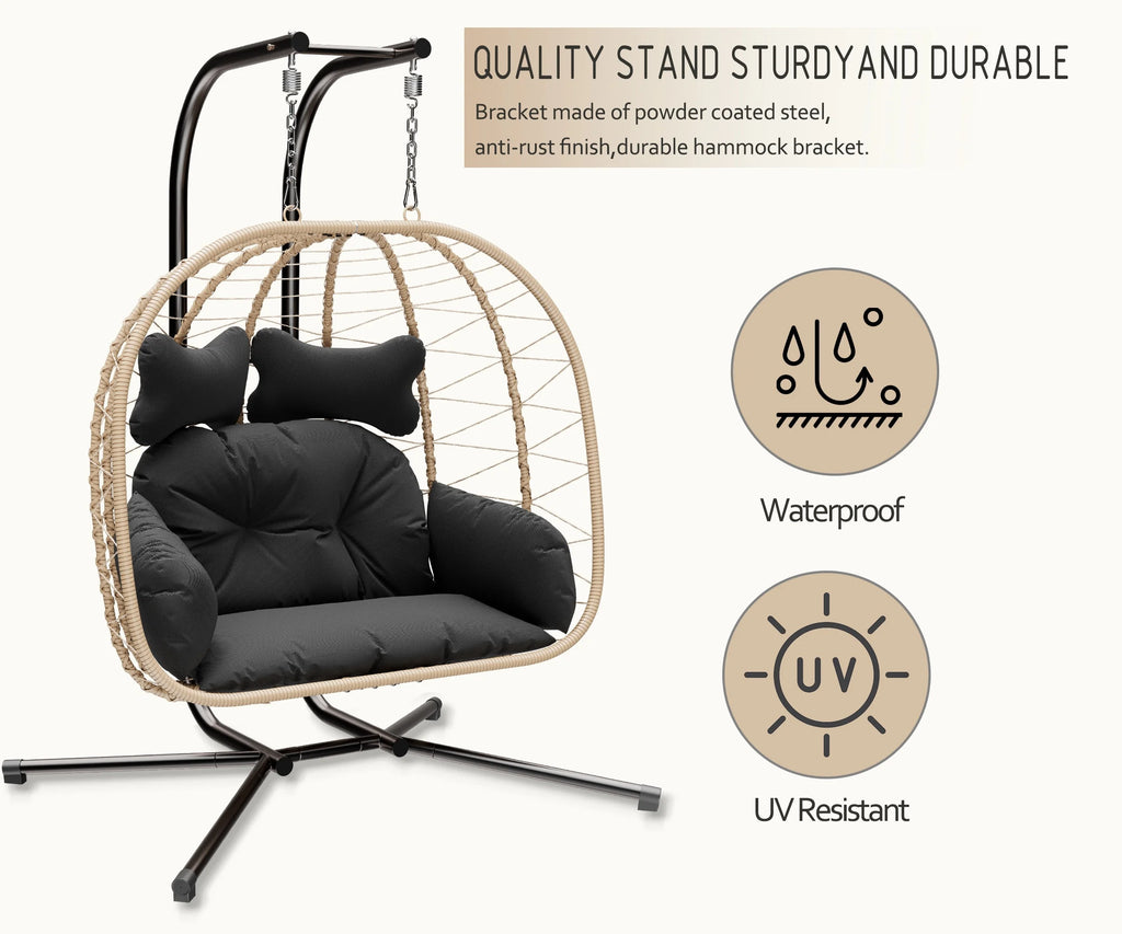 Bifanuo Fauteuil œuf balancelle double en osier, canapé suspendu pliant avec support, coussins amovibles résistants aux UV, capacité de 700 lb pour chambre, balcon (noir et beige)