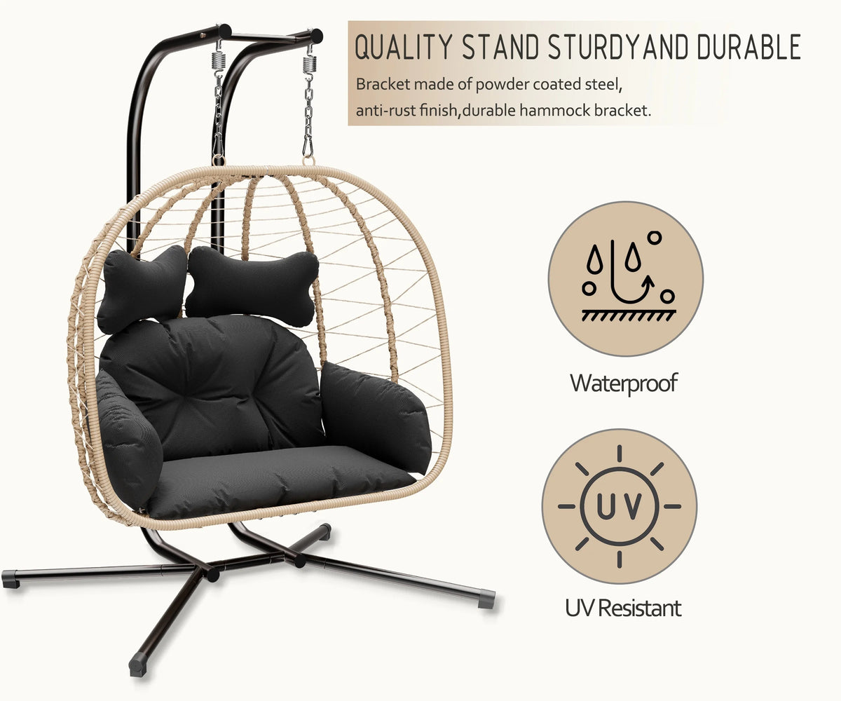Bifanuo Fauteuil œuf balancelle double en osier, canapé suspendu pliant avec support, coussins amovibles résistants aux UV, capacité de 700 lb pour chambre, balcon (noir et beige)