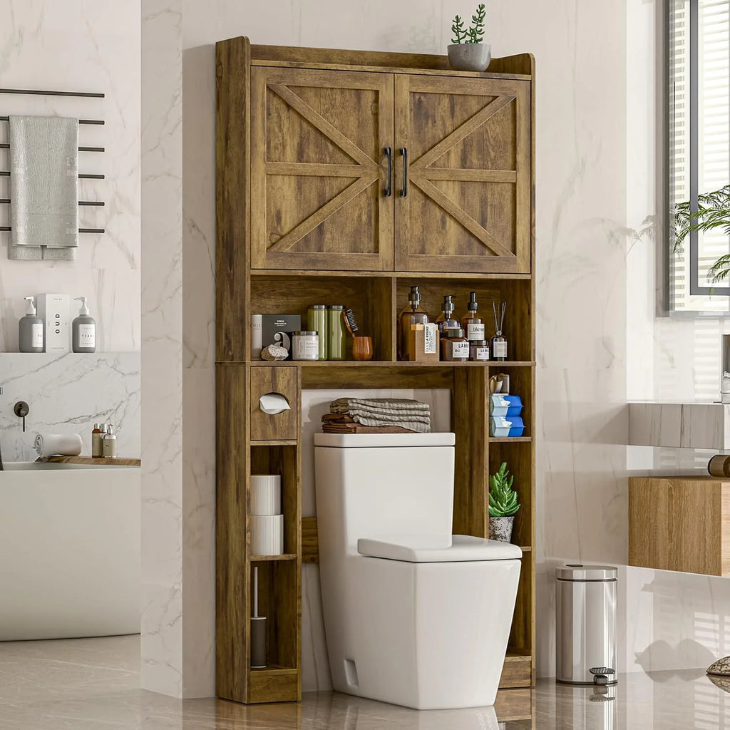 Meuble de rangement Vabches au-dessus des toilettes avec porte-papier toilette, avec étagère réglable et 2 portes
