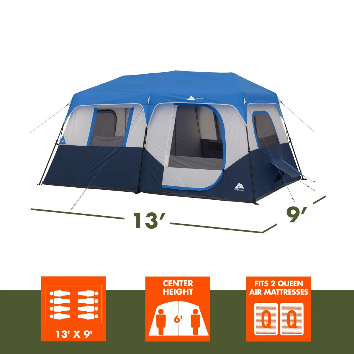 Tente cabane Ozark Trail 13' x 9' pour 8 personnes avec arceaux lumineux à LED, 32 lb