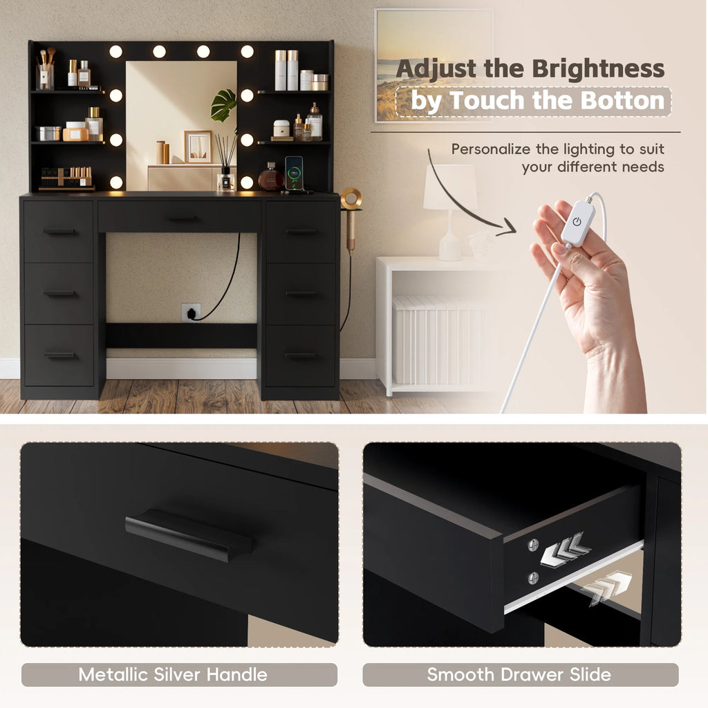 Coiffeuse Lacoo avec miroir et éclairage LED, coiffeuse de maquillage avec 7 tiroirs et 4 étagères, table de toilette avec prise électrique pour chambre ou dressing, blanc