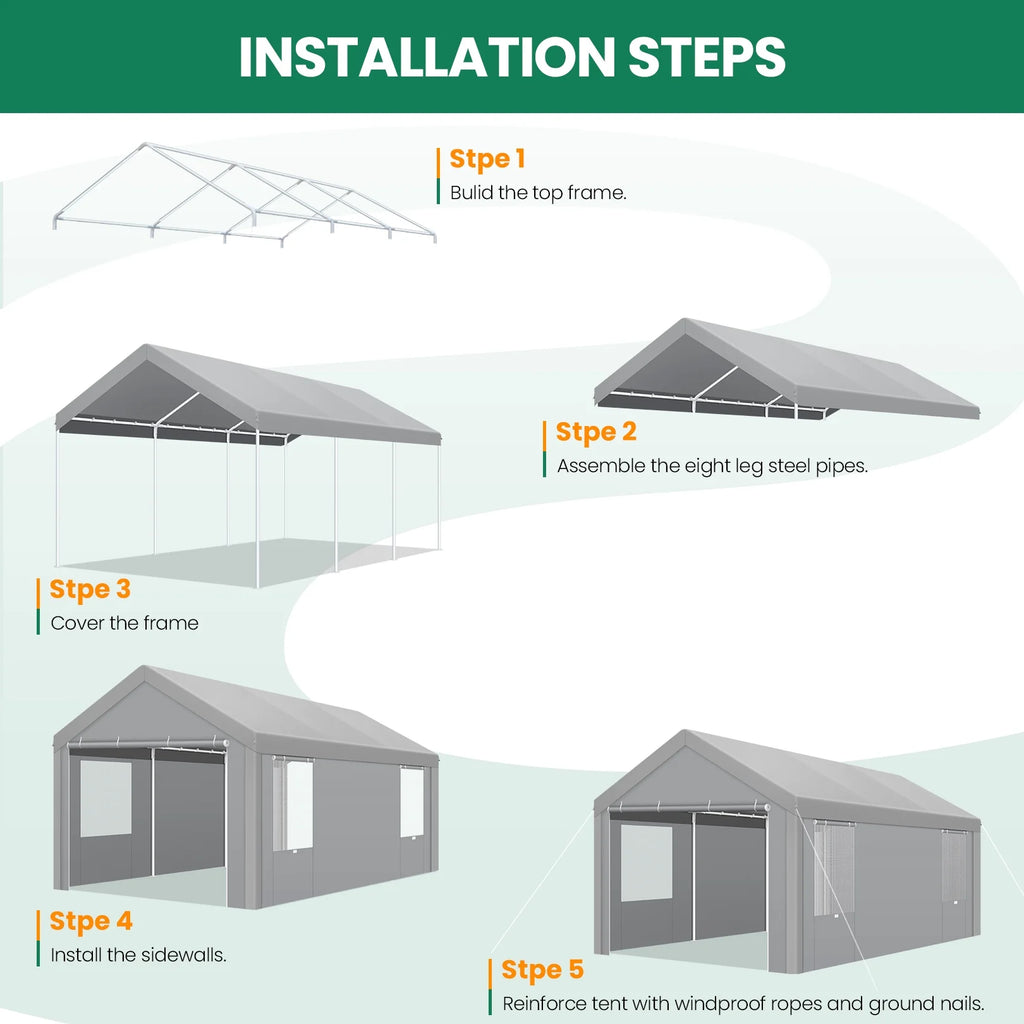 COBIZI Carport 10'x20' Grande tente pour voiture robuste avec structure en acier thermolaqué, garage portable avec parois latérales et portes amovibles, auvent pour voiture avec bâche toutes saisons pour fête en plein air, anniversaire, gris