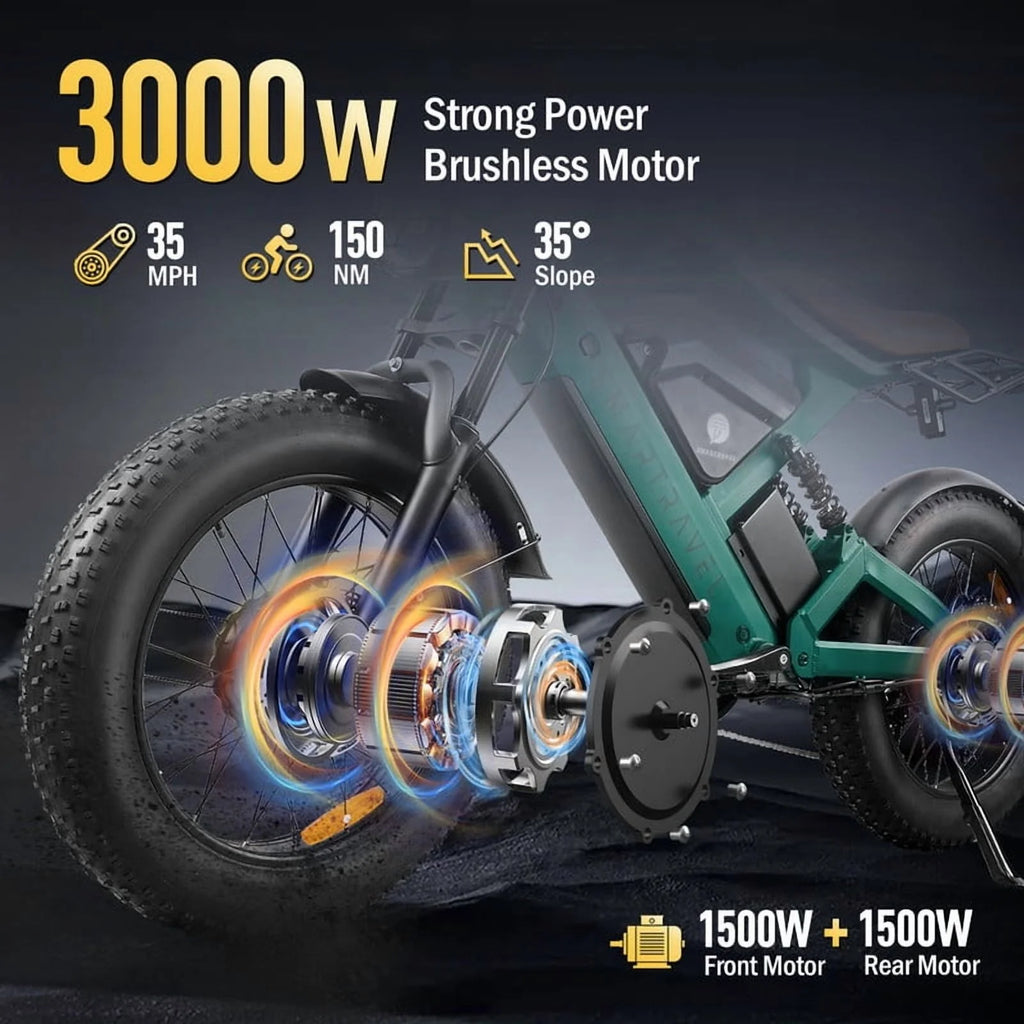 Moto tout-terrain électrique SMARTRAVEL ST202 pour adultes avec moteur de 3 000 W (crête), batterie double 52 V 50 Ah, autonomie de plus de 148 km, pneus de moto de 20 pouces, certification UL2849, suspension intégrale