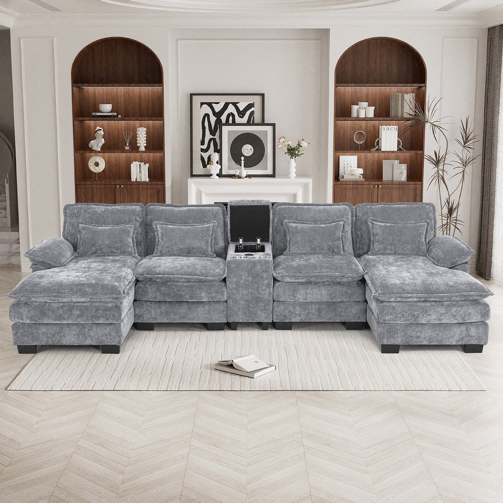 Canapé modulable en U Wiilayok Cloud Couch, méridienne double extra profonde de 124 cm en chenille duveteuse, console centrale avec ports USB-C et A doubles, gris tempête