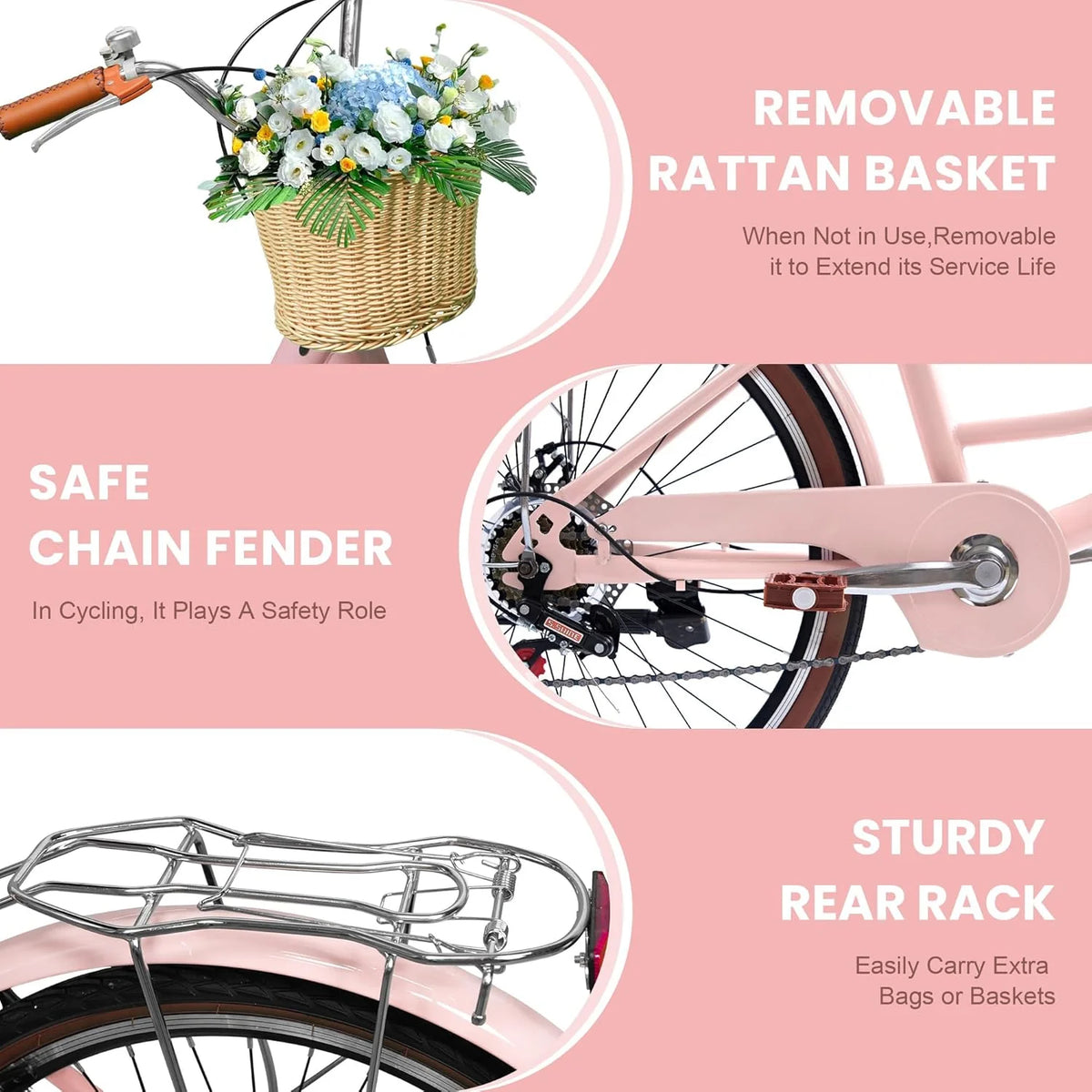 26 Vélos de Plage pour Femme, Vélos Pipleo pour Femme avec Panier en Rotin, 7 Vitesses & Cadre Ouvert