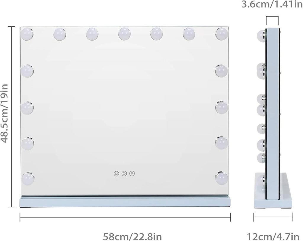 COOLJEEN Grand miroir de courtoisie Hollywood avec éclairage, fixation murale ou sur table, métal blanc