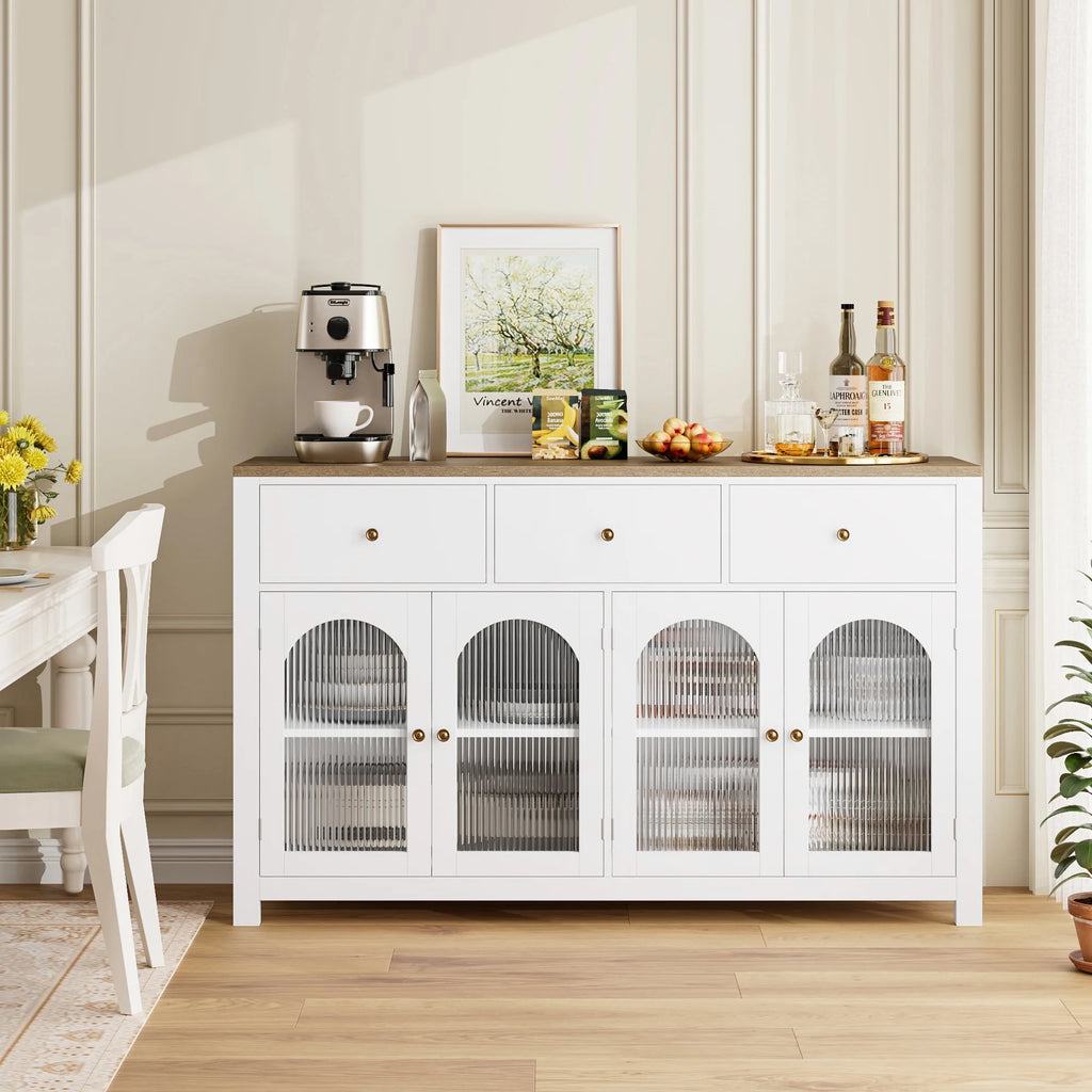 Homfa Grand buffet de 55'', meuble de rangement de cuisine avec 3 tiroirs et 4 portes vitrées, meuble bar en bois pour salon, blanc