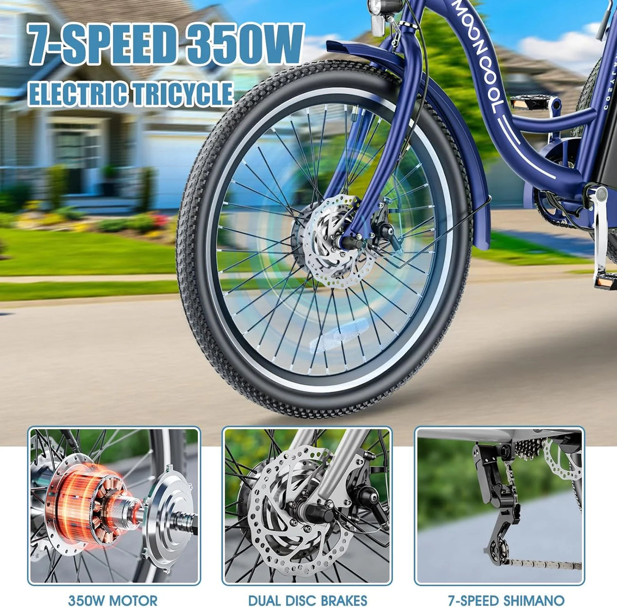 Tricycles électriques ABORON 24 26, batterie au lithium 36 V 10 Ah 350 W, triporteur électrique 7 vitesses pour adultes avec grand panier arrière et siège réglable
