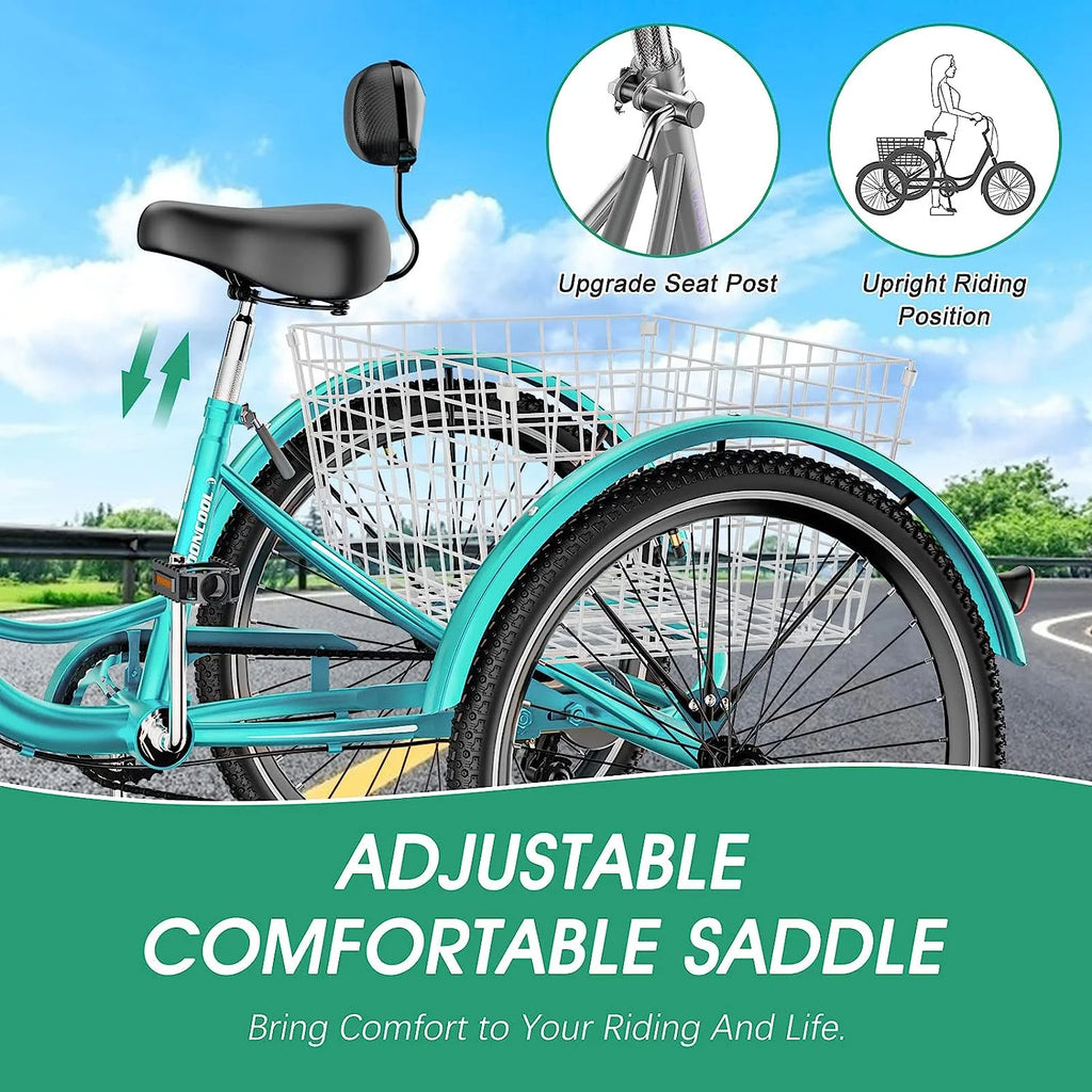 Tricycles pour adultes MOONCOOL avec panier arrière et pompe à pied, vélos à 3 roues 7 vitesses de 24 et 26 pouces, vélo à trois roues pour adultes avec dossier pour seniors, femmes et hommes