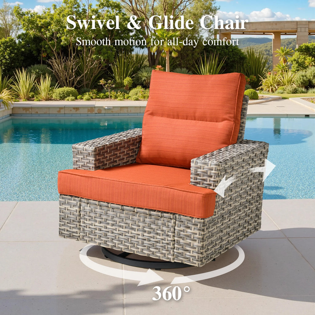 Ovios Salon de jardin modulable moderne en résine tressée toutes saisons à dossier haut, 10 pièces, avec table brasero au propane et fauteuil pivotant, gris foncé