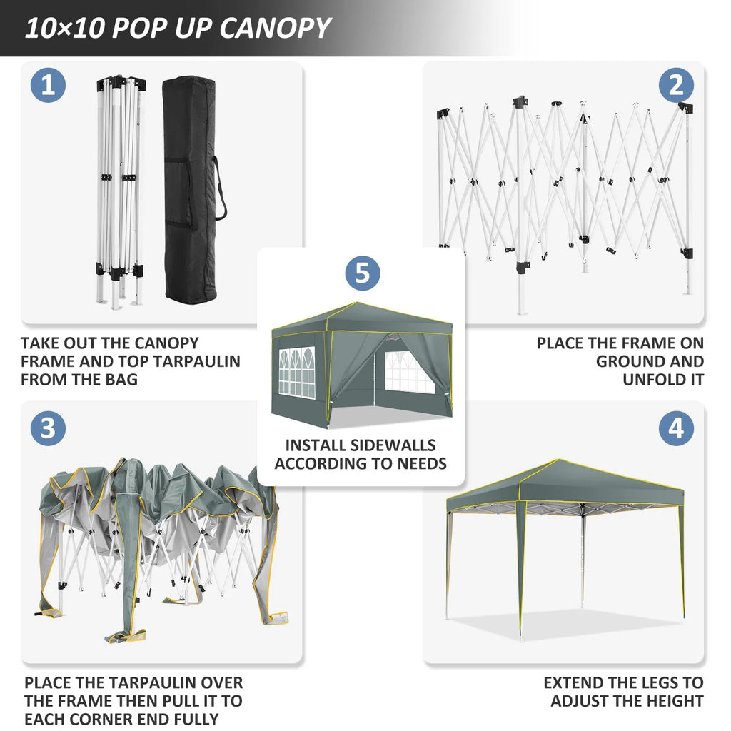 HOTEEL Chapiteau pop-up 10x10 avec murs latéraux, Tente imperméable pour fêtes et événements de mariage, Gazébo d'extérieur instantané avec sac de transport, piquets, cordes et sacs de sable, Noir