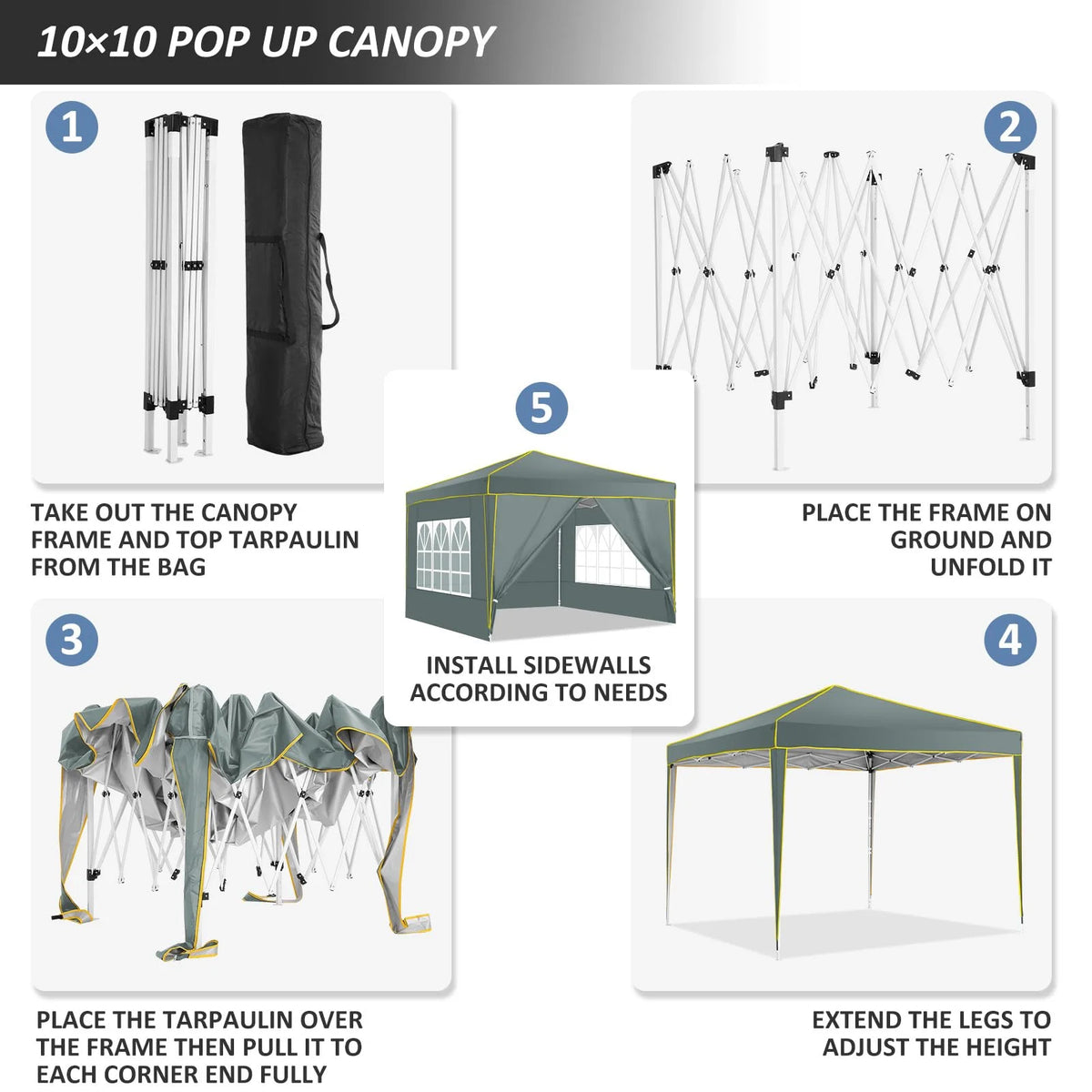 HOTEEL Chapiteau pop-up 10x10 avec murs latéraux, Tente imperméable pour fêtes et événements de mariage, Gazébo d'extérieur instantané avec sac de transport, piquets, cordes et sacs de sable, Noir