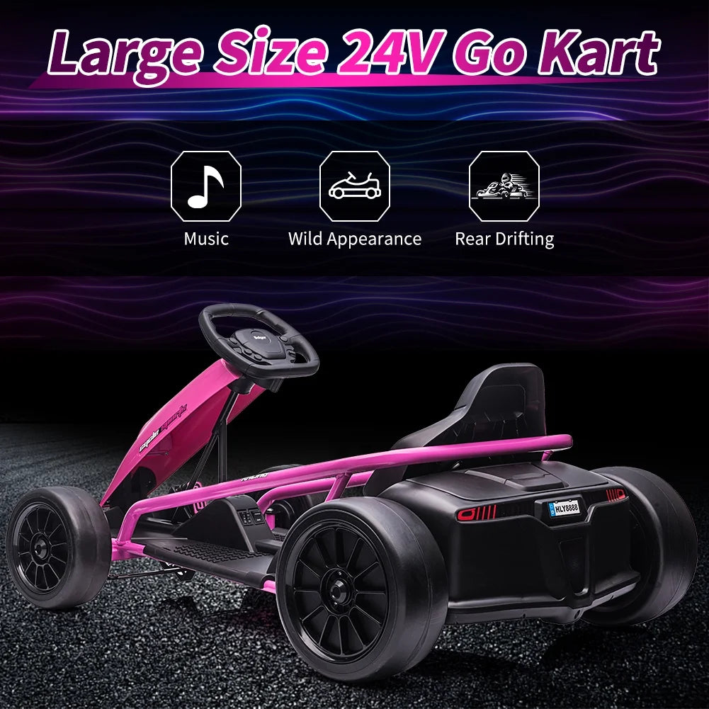 Kojooin Karting pour enfants, Batterie 24V Moteurs 300WX2 Karting à pédales à pied, Voiture de dérapage haute vitesse 8MPH avec fonction de démarrage progressif, Rouge rose
