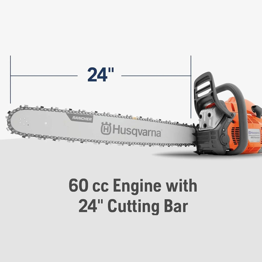 Tronçonneuse thermique 460 Rancher, moteur X-Torq 2 temps de 60,3 cm³ et 3,6 CV, guide de 24 pouces avec pompe à huile automatique réglable, pour la coupe de bois, l'élagage et le défrichage.