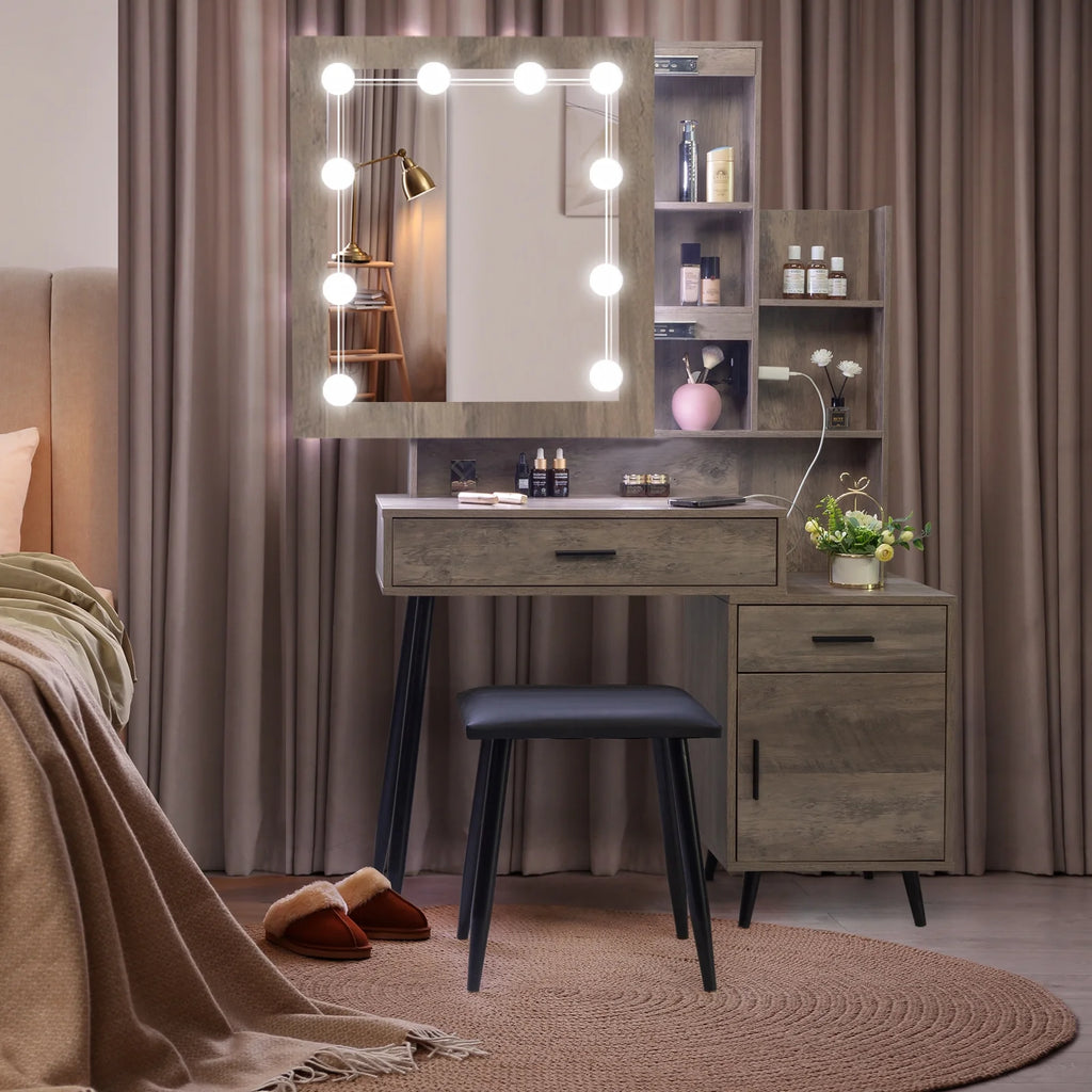 Coiffeuse Ktaxon avec miroir éclairé à 3 couleurs & station de charge, table de maquillage avec 3 étagères de rangement & tiroirs, bureau de toilette avec tabouret, gris rétro