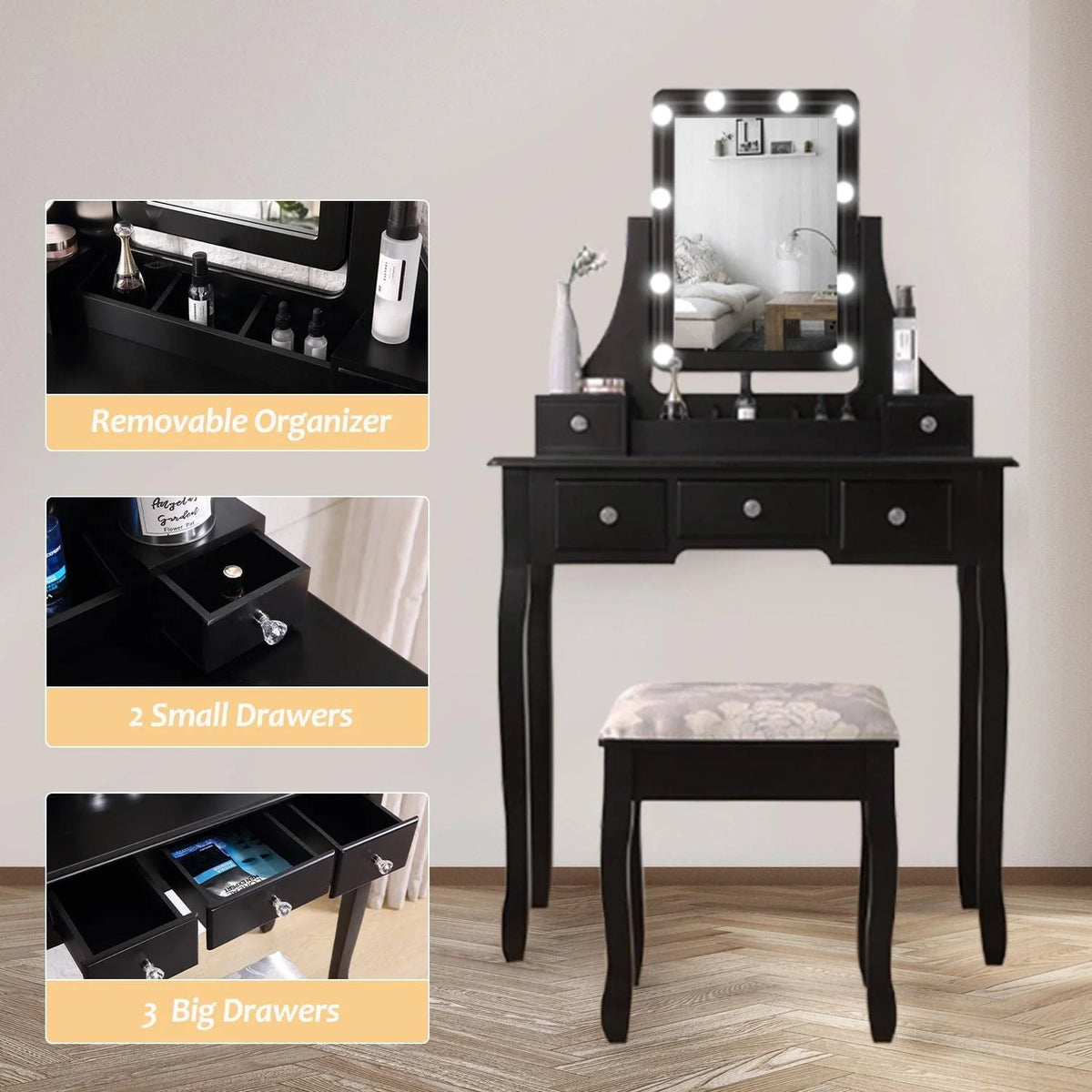 Coiffeuse de maquillage VEANERWOOD avec 10 lumières LED, coiffeuse avec miroir lumineux et tabouret rembourré, 5 tiroirs et 2 étagères, meuble de toilette pour chambre, luxueuse, noire