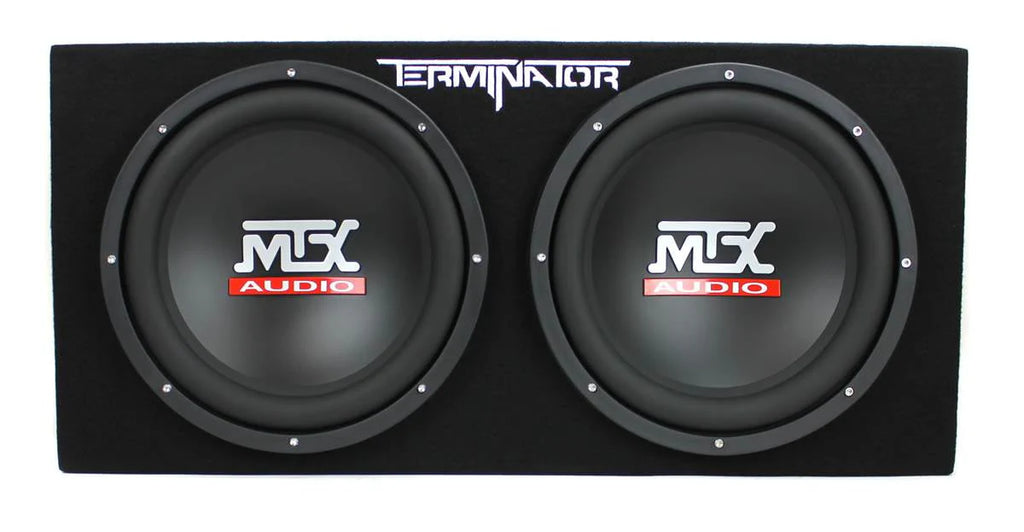 Pack audio MTX comprenant deux caissons de basses pour voiture de 12 pouces, caisson actif et amplificateur avec kit de câblage