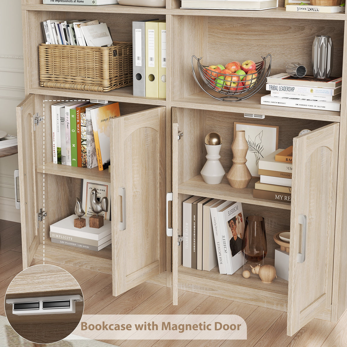 Bibliothèque haute Homfa 73 avec portes, 8 compartiments, 6 niveaux, double rangée, blanche, pour salon et bureau à domicile