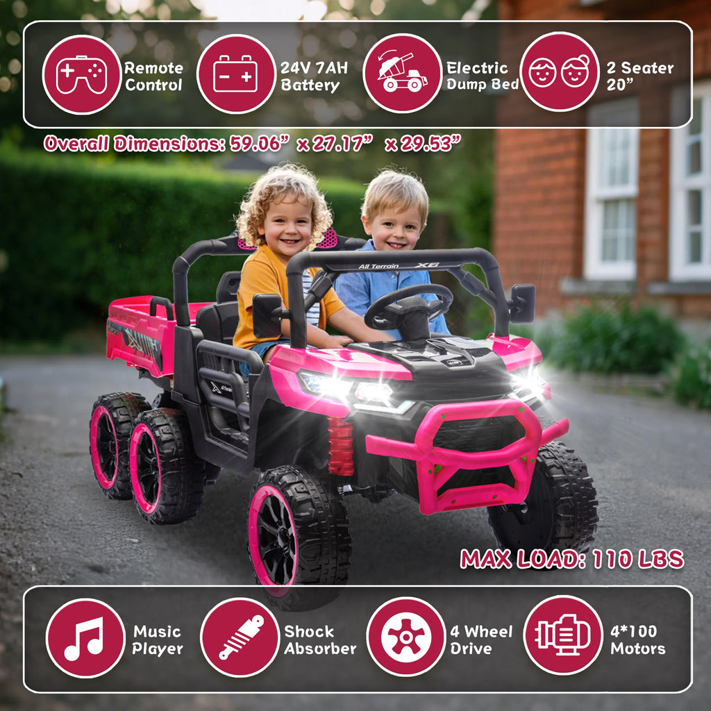 Xuanlur Voiture électrique pour enfants 24V 2 places, UTV avec moteur 2x200W, Jouet électrique 24 volts avec benne/pelle, Voiture électrique pour enfants avec pneus résistants, lumière LED, musique, télécommande, noire