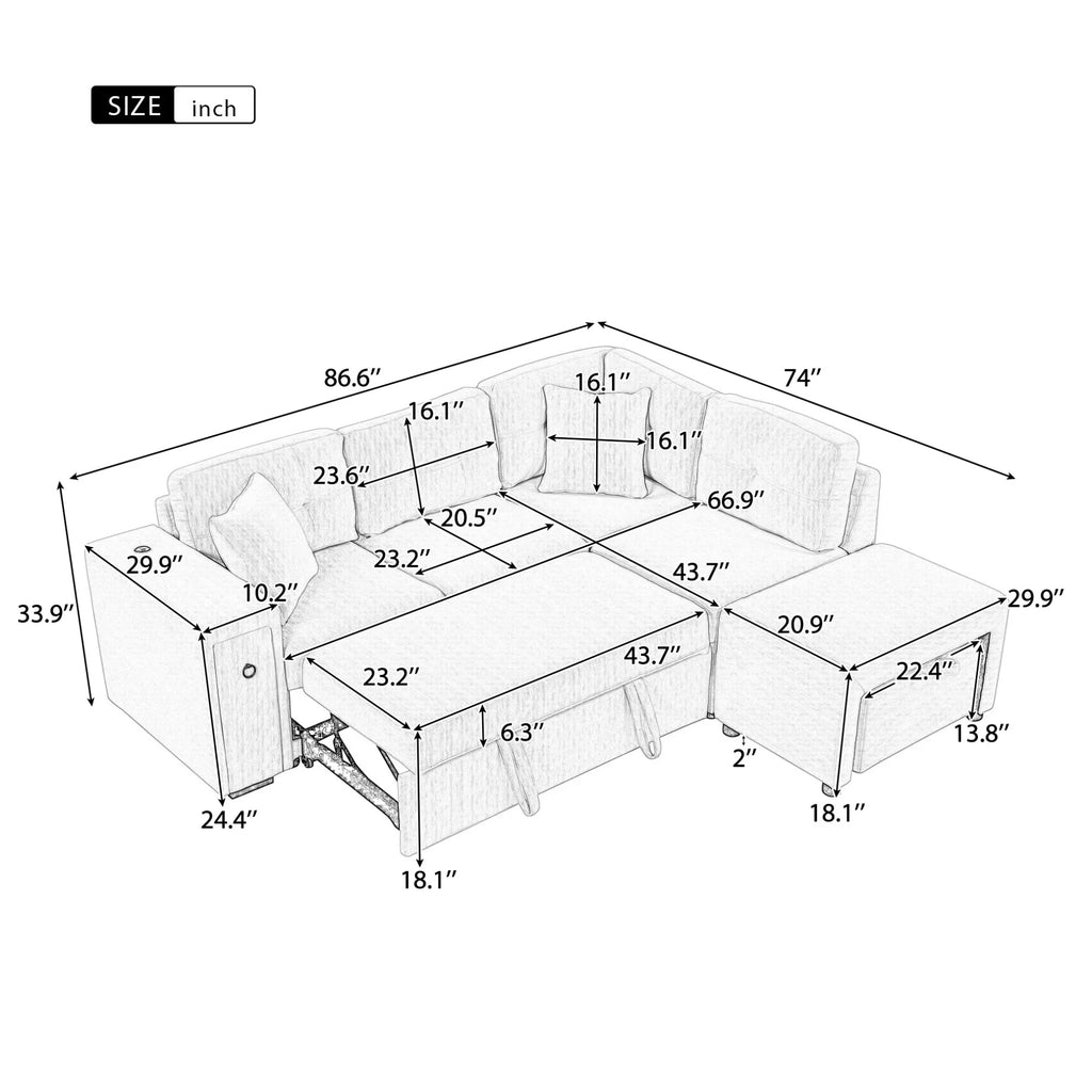 Canapé-lit modulable 87 avec lit gigogne, canapé convertible en L avec pouf, ports USB et deux porte-gobelets pour salon, appartement, chambre, gris