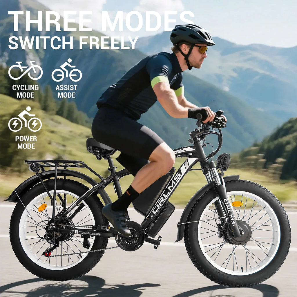 Vélo électrique 5000 W (crête) pour adultes, moto électrique avec batterie 60 V 25 Ah, vélo électrique à double moteur 80 km/h, vélo électrique à pneus larges 26 × 4,0, VTT à transmission intégrale et 21 vitesses pour tous les terrains UL 2849