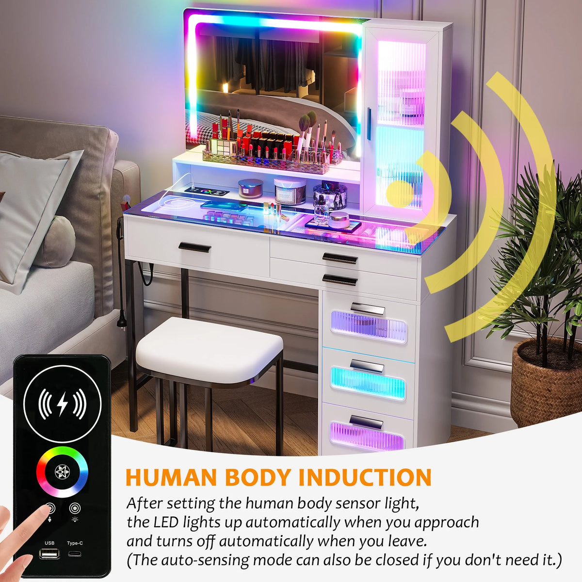 Coiffeuse HNEBC avec miroir et éclairage RGB, coiffeuse de maquillage avec plateau en verre, éclairage à détecteur automatique et charge sans fil, ensemble de coiffeuse avec tabouret rembourré, coiffeuse avec 6 tiroirs (blanc)