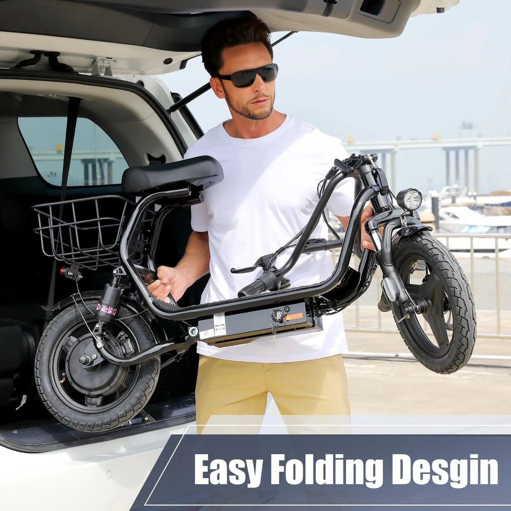 Trottinette électrique SANOPY 350 W avec siège pour adultes, autonomie de 24 km, vitesse de 32 km/h, cyclomoteur avec batterie 36 V 5,2 Ah, vélo électrique urbain avec gros pneus de 14 pouces et amortisseurs, noir