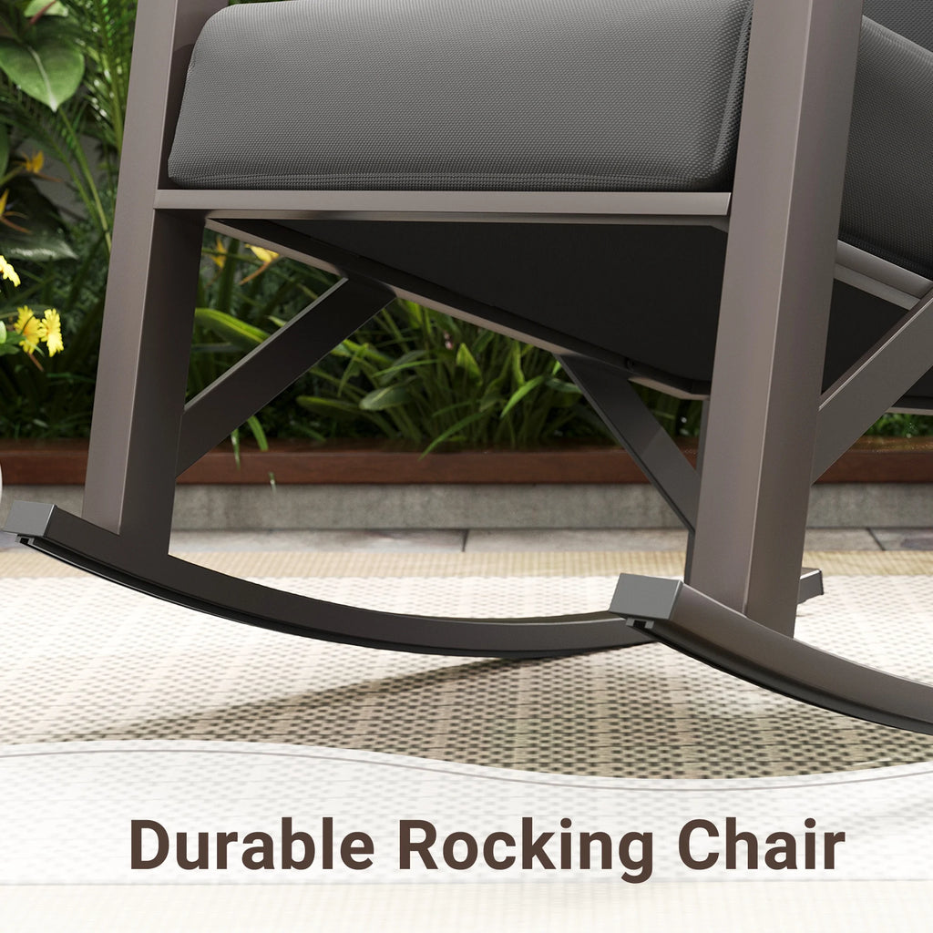 Ensemble de bistrot MRUAKA avec chaises à bascule, ensemble de mobilier de patio extérieur 3 pièces avec 2 chaises à bascule et 1 table basse en métal avec coussins épais pour porche, cour arrière, bord de piscine, beige