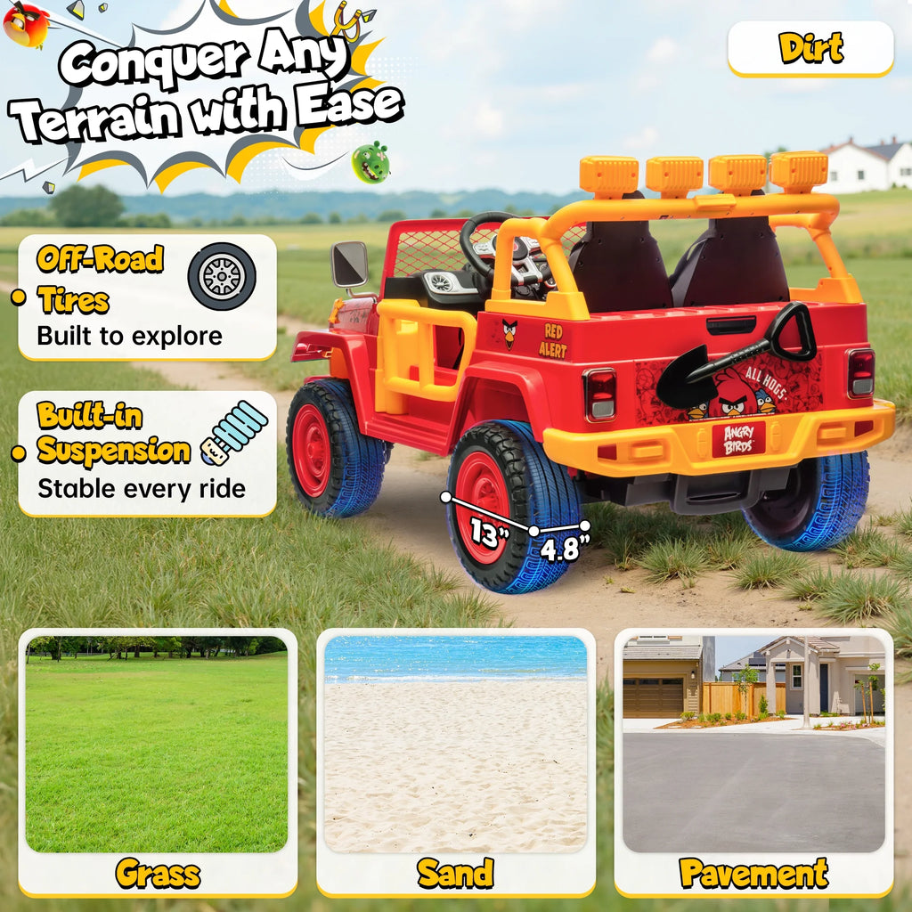 Jouets électriques Joyracer 24 volts pour grands enfants, camion sous licence Angry Birds avec télécommande, véhicule électrique 4x4 à 2 places avec pelle, Bluetooth, lumières, roues de voiture électrique, pour enfants de 3 à 8 ans, jusqu’à 59 kg, vert