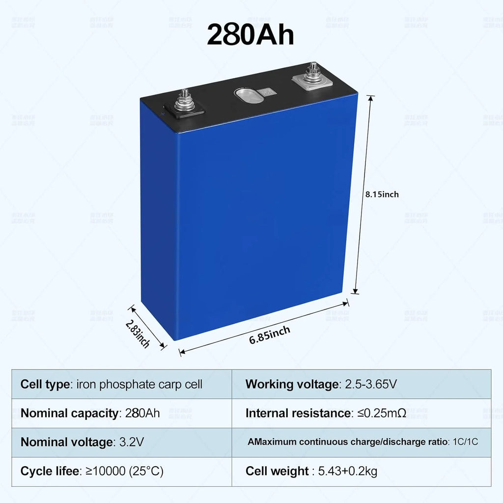 Lot de 4 batteries LiFePO4 de qualité A, 280 Ah, 3,2 V, rechargeables, à décharge profonde, avec écrous et barres omnibus, 8 000 à 10 000 cycles de vie, batteries de remplacement pour systèmes solaires, voitures et camping-cars