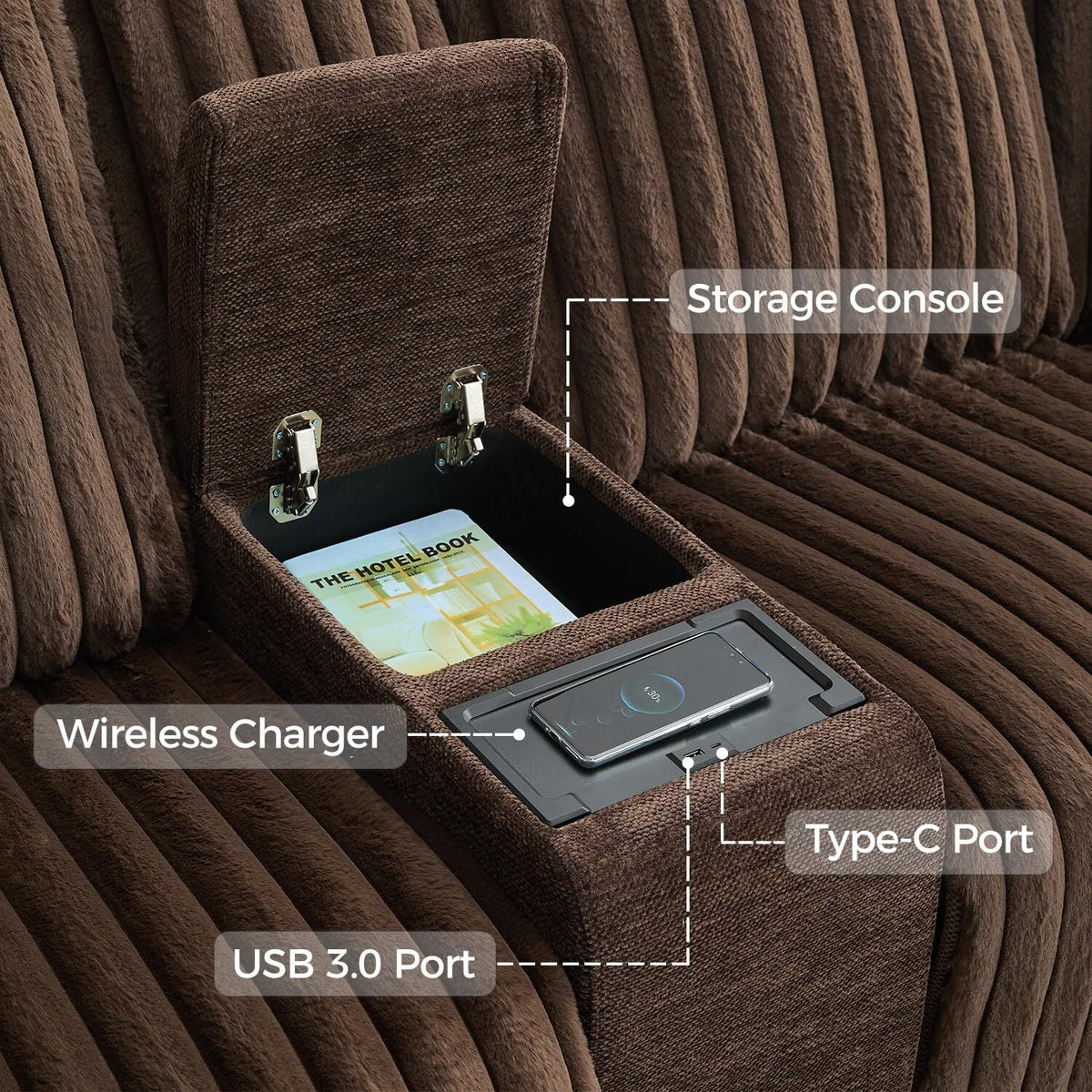 Canapé d’angle inclinable électrique avec chargeur sans fil, 6 places en fausse fourrure avec fauteuils inclinables, porte-gobelets dissimulés, console de rangement, ports USB et Type-C, noir