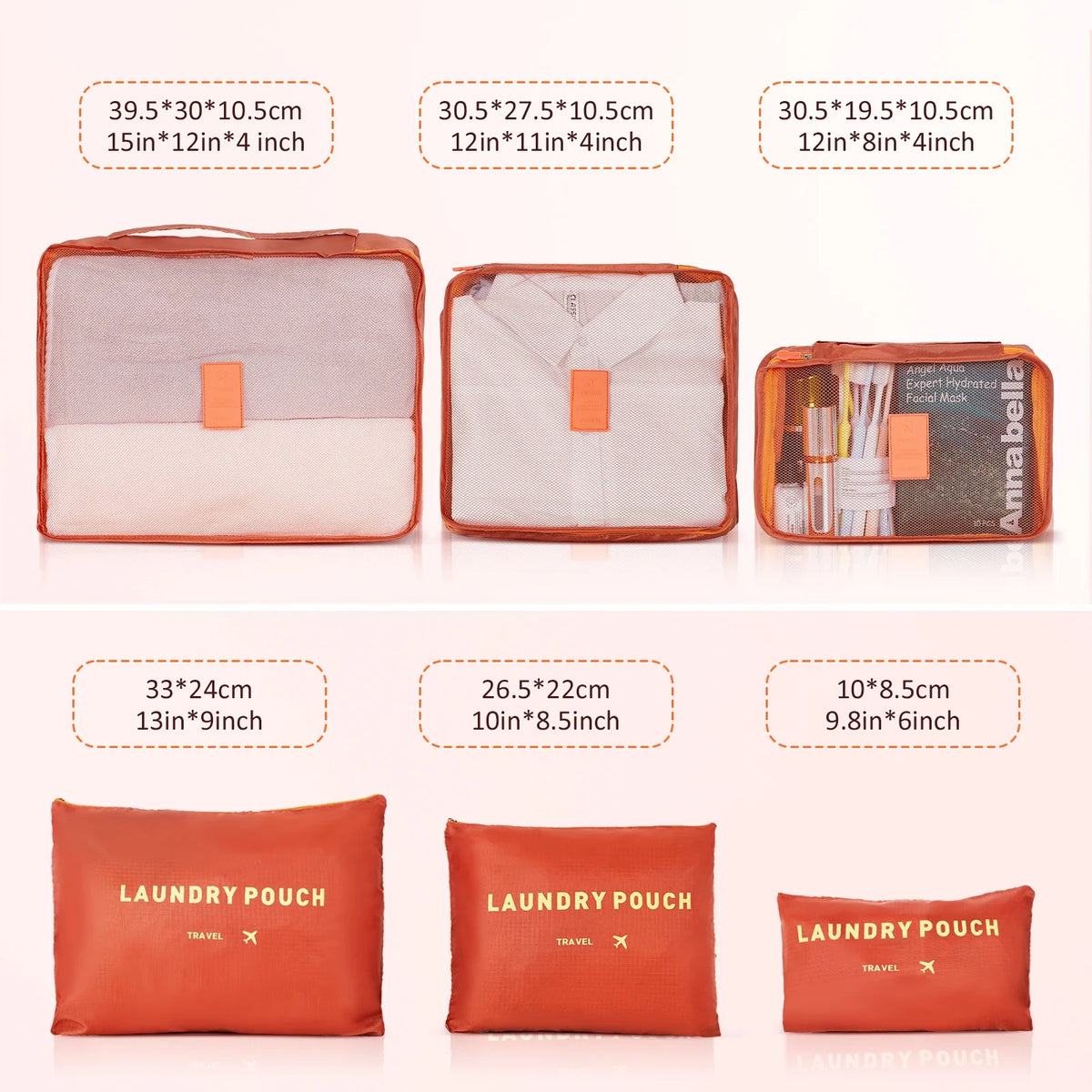 Ensemble de 9 pièces comprenant 3 valises rigides de 20, 24 et 28 pouces, 6 sacs de rangement et valises de voyage à roulettes, rose