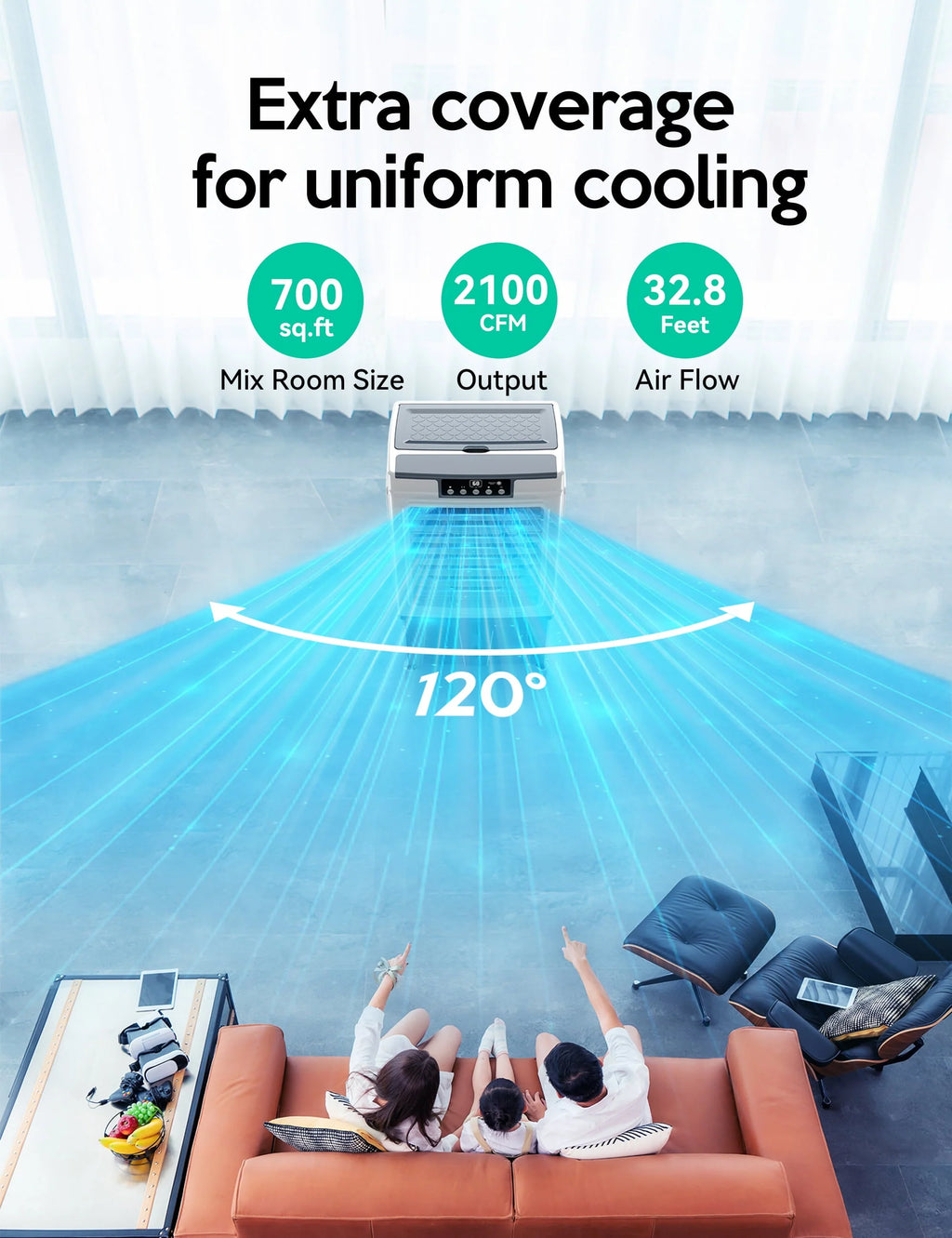 Rafraîchisseur d'air évaporatif, 2100 CFM, oscillation 120°, avec télécommande, minuterie 24 h, 3 vitesses de ventilation, pour intérieur et extérieur, 7,9 gallons