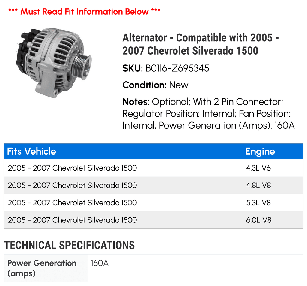 Alternateur - Compatible avec Chevy Silverado 1500 2005 - 2007 2006