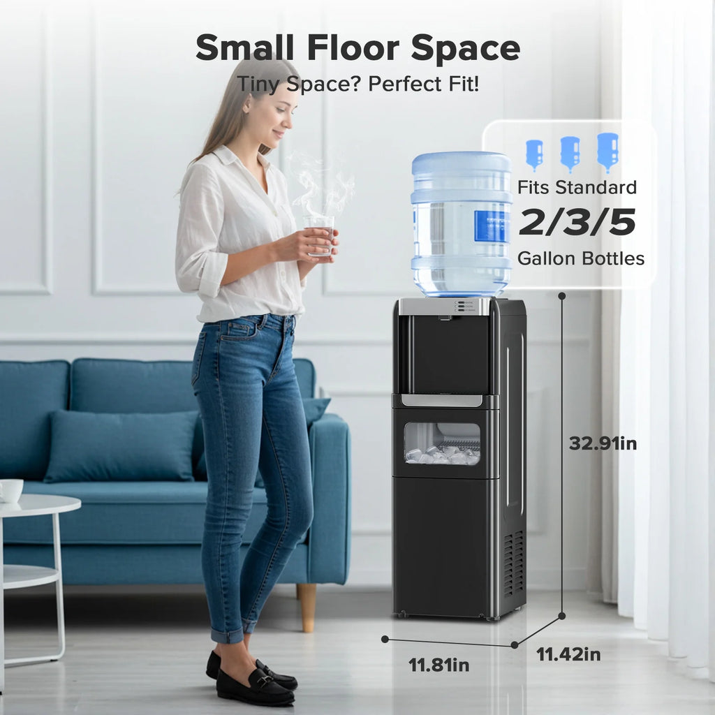 LHRIVER Distributeur d’eau 2-5 gallons & Machine à glaçons 6 min, 3-en-1 Chaud/Froid/Glace, Verrouillage enfant & Économe en énergie, pour Maison/Bureau, Noir