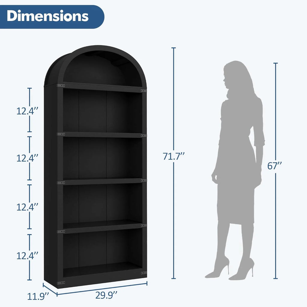 Bibliothèque à 5 étagères avec arche, 182 cm de haut, meuble de rangement et d’exposition de style rustique en bois pour bureau, salon ou maison (blanc)