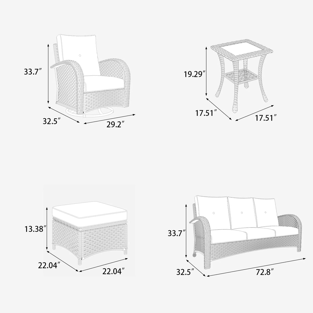 Ensemble de mobilier de patio LayinSun 7 pièces avec table brasero, fauteuils pivotants à bascule en rotin tressé