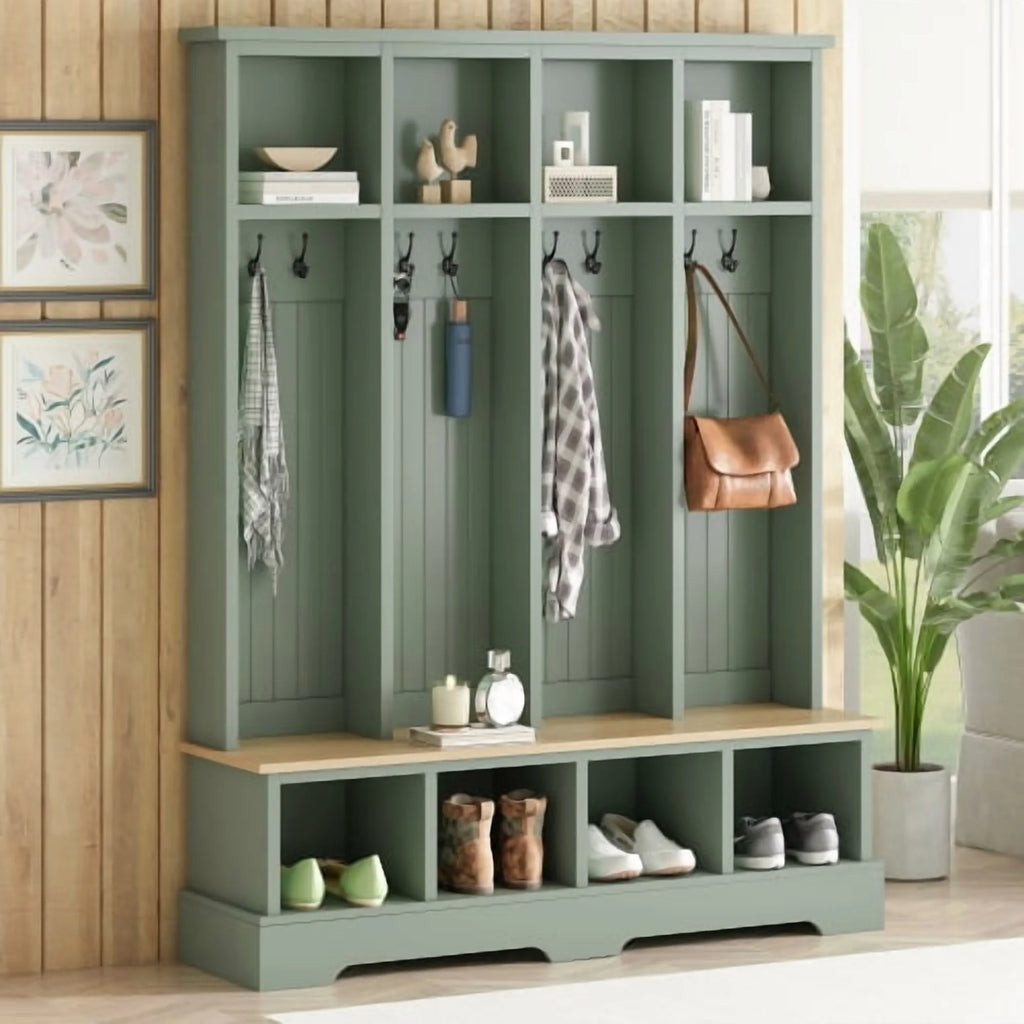 Vestiaire d’entrée style maison de campagne avec banc, meuble d’entrée de 150 cm de large avec 8 crochets et compartiments de rangement, porte-manteau moderne et banc à chaussures pour entrée, blanc