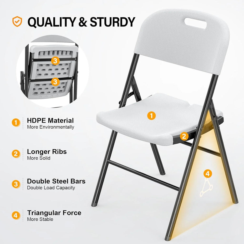 DYUKFG Chaises pliantes, Chaise pliable robuste Assise en plastique HDPE portable avec cadre en acier pour salle à manger intérieure et extérieure Fête mariage École, Blanc, Lot de 6