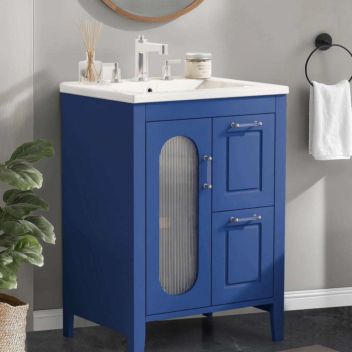 Meuble-lavabo Soges 24 avec vasque en céramique, meuble de toilette en bois massif avec porte, étagère réglable et 2 tiroirs, ensemble lavabo simple autoportant pour petite salle de bains, blanc