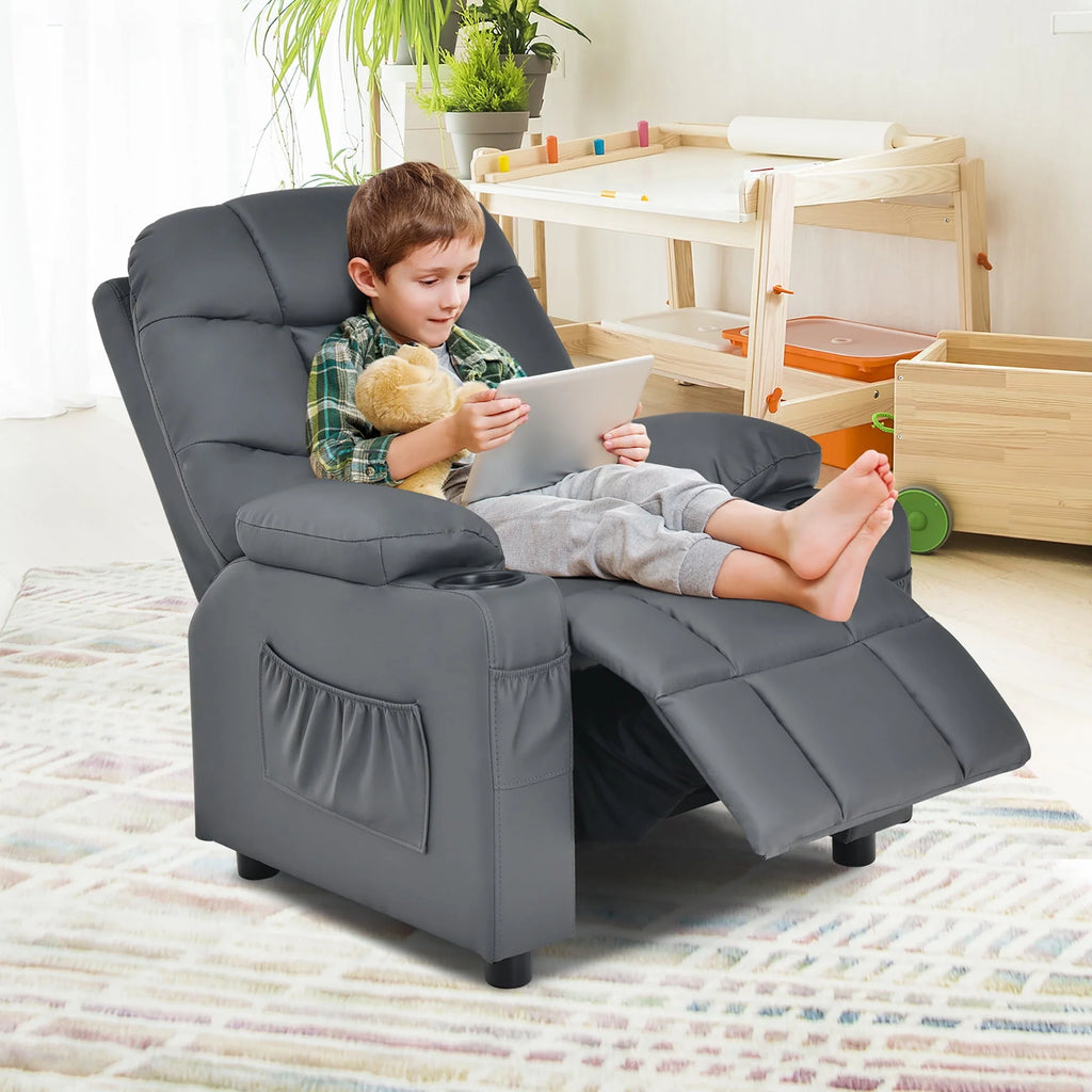 Fauteuil inclinable pour enfant et adolescent Costway en similicuir PU avec porte-gobelets et poches latérales, gris