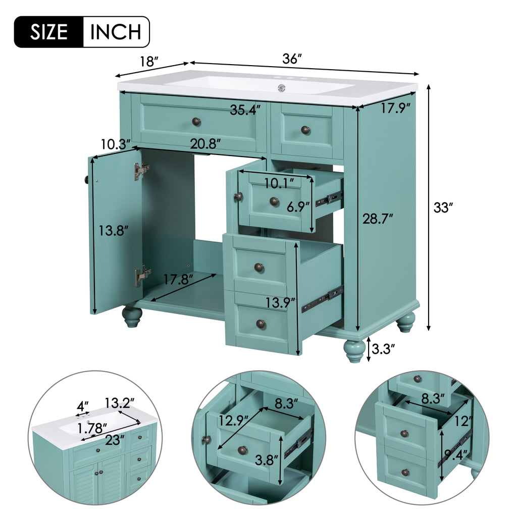 Meuble-lavabo de salle de bains Harper & Bright Designs 30 avec lavabo, armoire de salle de bains avec plateau en céramique, portes et tiroir de rangement multifonctionnels, vert