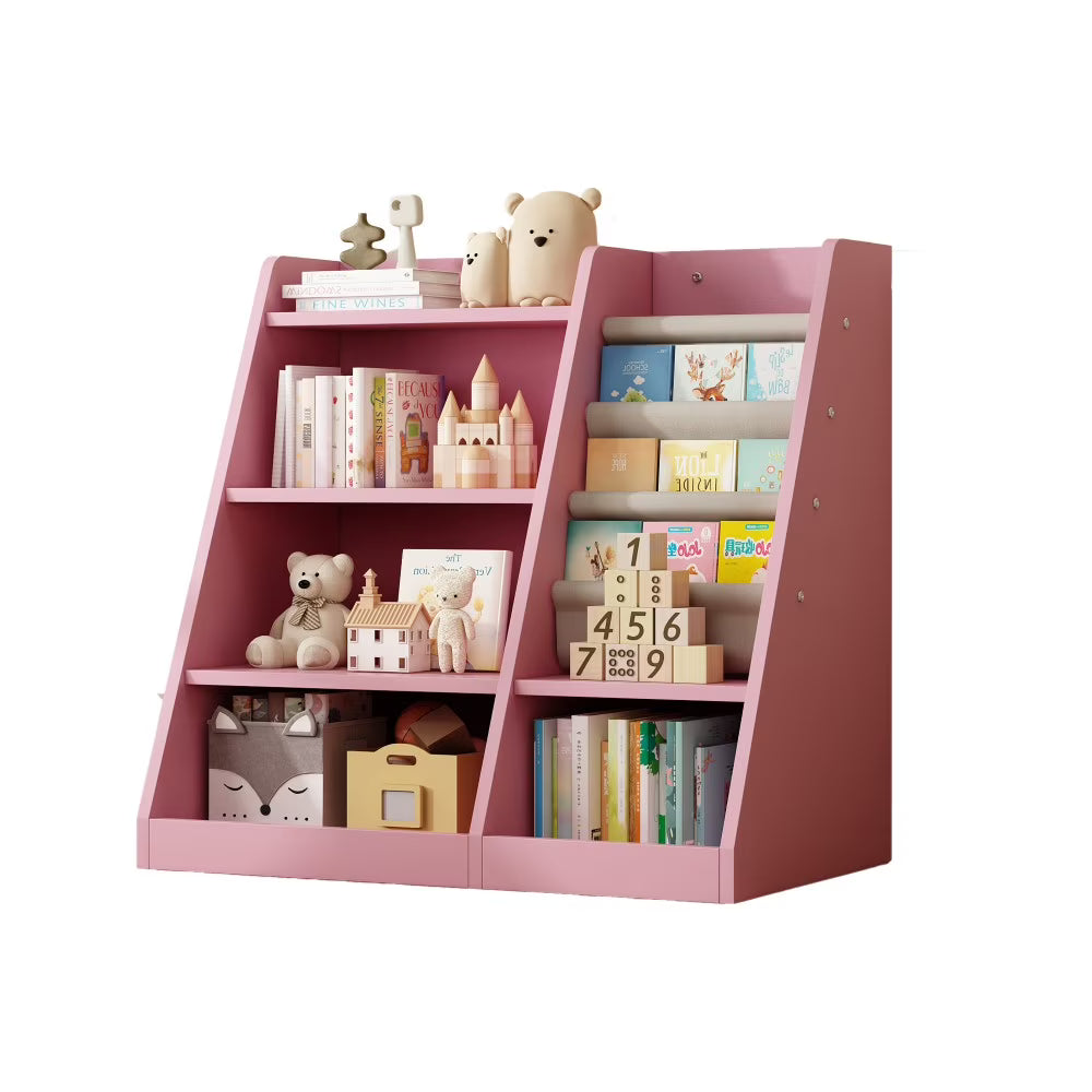 IVV Bibliothèque Montessori pour enfants, Bibliothèque moderne en bois à 4 niveaux, Étagère à livres et jouets pour enfants, Support d’étagère en tissu, Pour salle de classe, chambre, chambre de bébé ou salle de jeux (Rose)