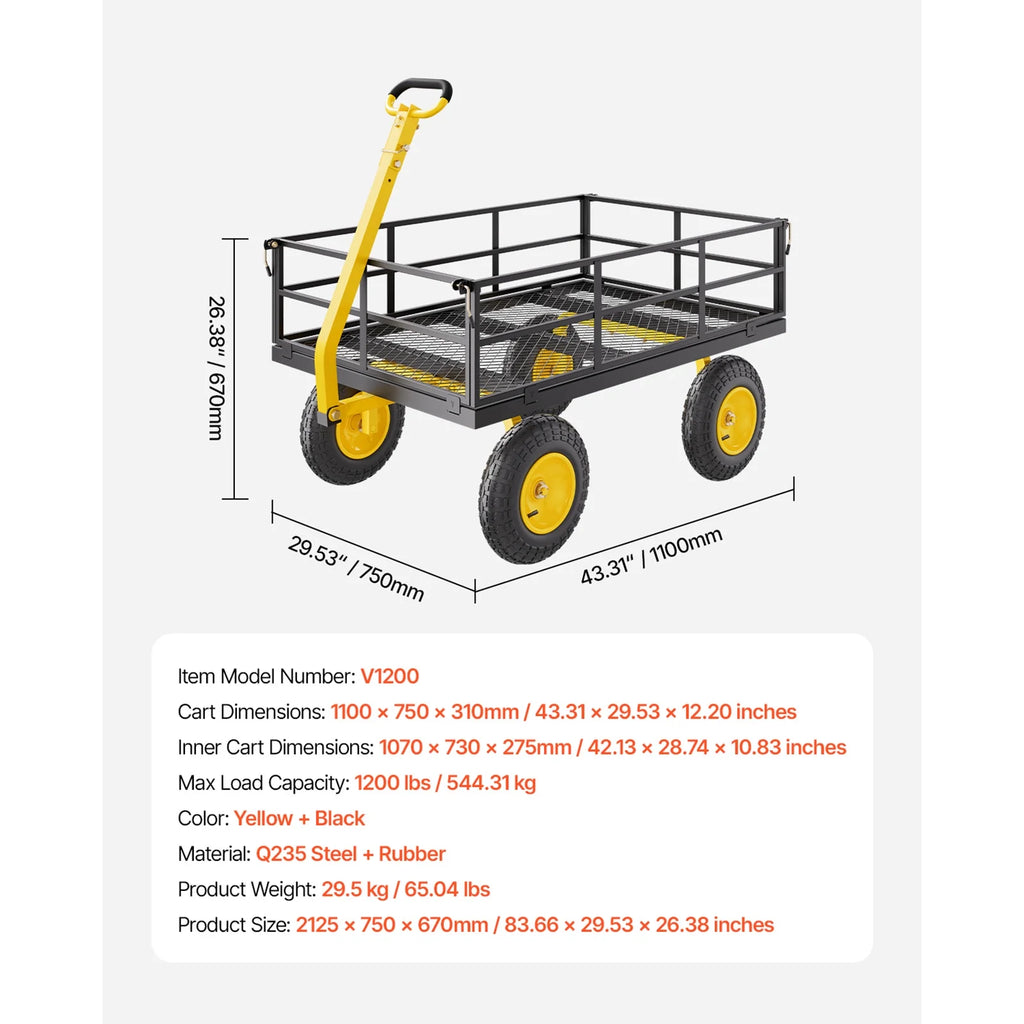 KFFKFF Chariot de jardin en acier grillagé 1200 Lbs, 43,3 x 29,5  Chariot utilitaire robuste, Chariot de jardin en métal à tirer avec pneus tout-terrain de 13', Côtés grillagés amovibles, Poignée pivotante 180° (Vert)