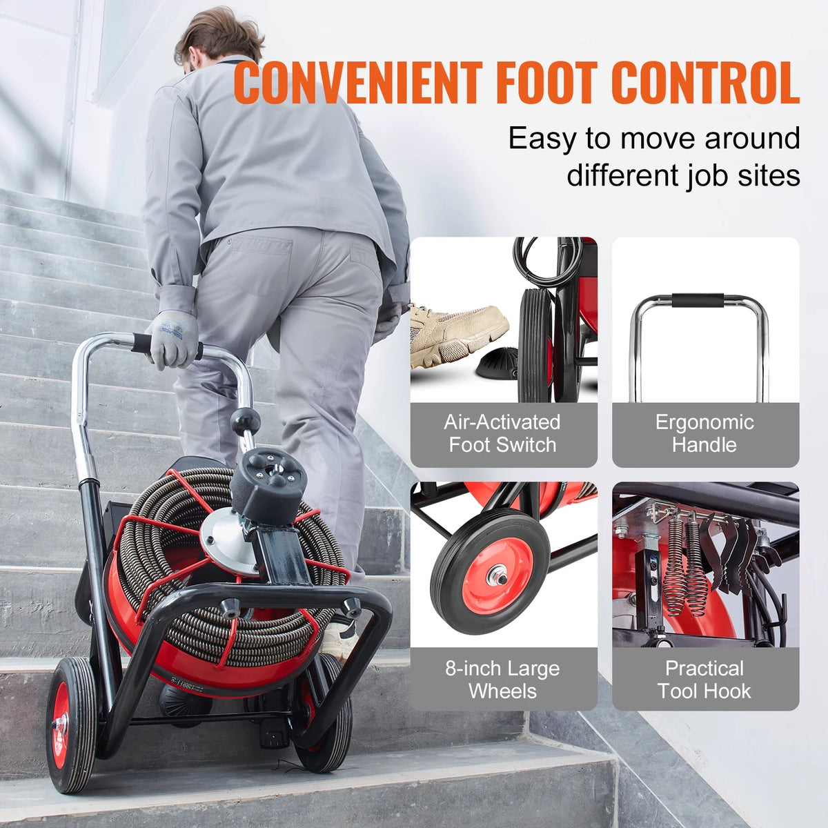 Déboucheur de canalisations VEVOR 30,5 m x 1/2 pouce, furet de canalisation automatique sur roulettes, machine portable de 550 W avec 8 coupe-racines et pédale de commande à air pour 2 à 4 canalisations